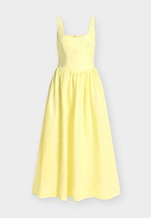 Sleeveless yellow maxi dress with a fitted bodice, square neckline, and gathered full skirt against a light background.