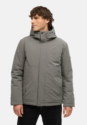Gray insulated jacket with a high collar, adjustable hood, front buttons, and two side pockets. Smooth texture and simple design.