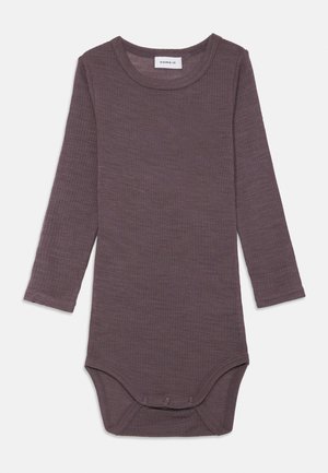 Long-sleeve baby bodysuit in a textured dark gray fabric with a round neckline and snap closures at the bottom for easy dressing.