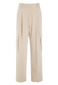 Beige cargobroek met een rechte pasvorm, twee voorkruiken en twee zijzakken. Soepele textuur met plooien en een gemiddelde tailleband.