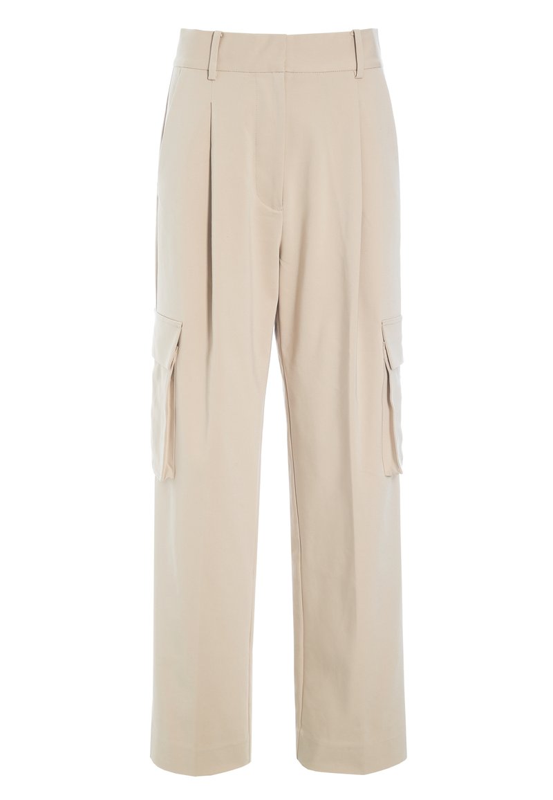 Beige cargobroek met een rechte pasvorm, twee voorkruiken en twee zijzakken. Soepele textuur met plooien en een gemiddelde tailleband.