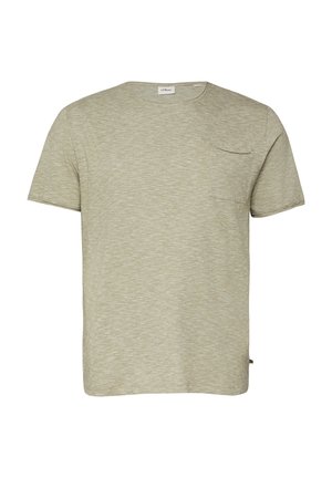 T-shirt beige clair à manches courtes avec encolure ronde, petite poche poitrine et texture chinée subtile.