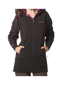 Schwarze Softshell-Jacke mit Reißverschluss vorne, Kapuze und lila Fleece-Futter. Verfügt über Seitentaschen und einen verstellbaren Kordelzug am Saum.