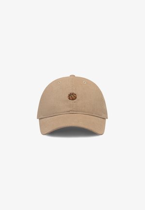 Corduroy cap in beige with a central embroidered basketball design. Features a curved brim and stitched ventilation holes.