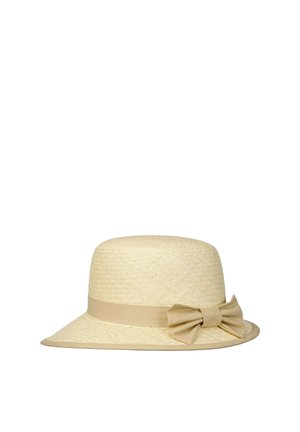 Beige woven straw sun hat with a wide brim and a matching fabric band tied into a bow on the side.