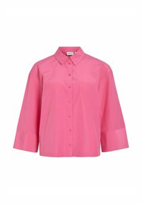 Camicia rosa con bottoni, colletto strutturato, maniche corte e larghe, e una texture liscia. Design semplice, senza motivi o decorazioni visibili.