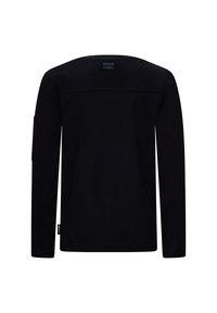 Maglietta nera a maniche lunghe in cotone con scollo rotondo, taglio dritto e design minimalista. Presenta una piccola etichetta con logo su un lato.