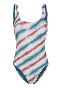 Eén stuk badpak met een tie-dye patroon met rode en blauwe strepen op een witte achtergrond. Gelaagd stof en ronde hals.