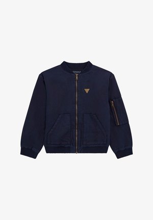 Marineblauer Bomberjacke mit geripptem Kragen, Frontreißverschluss, zwei Seitentaschen und einer Reißverschlusstasche am Ärmel. Verfügt über ein kleines Logo in Bronze.