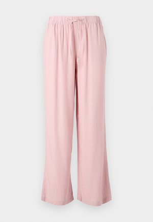 Light pink wide-leg pants made of soft fabric, featuring an elastic waistband with a drawstring. The design has a relaxed fit and straight legs.