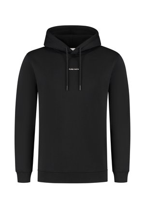 Zwarte hoodie van een katoenmix. Beschikt over een kangoeroezak, trekkoorden en een klein wit "PURE PATH" logo op de borst. Glad aanvoelend.