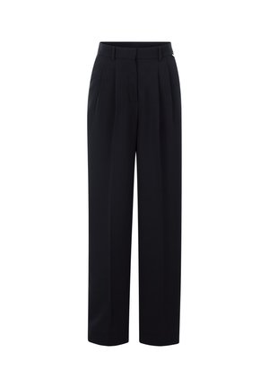 Black, high-waisted trousers with a wide-leg design, pleats at the front, and a smooth texture. Features a classic waistband and side pockets.