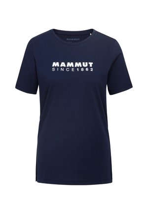 Navyblauwe katoenen t-shirt met korte mouwen, ronde hals en witte bedrukte tekst "MAMMUT SINCE 1862" op de voorkant.