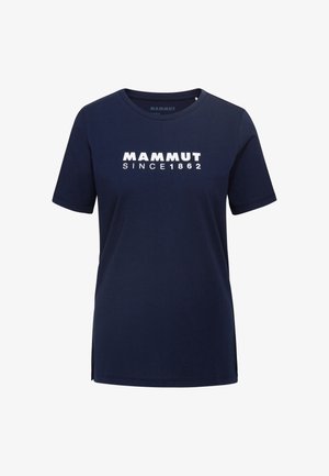 Navy blue cotton t-shirt with short sleeves, round neckline, and white printed text "MAMMUT SINCE 1862" on the front.