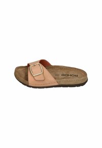 Slide sandal with a light pink leather strap featuring a rectangular metal buckle, brown textured footbed, and dark rubber sole.