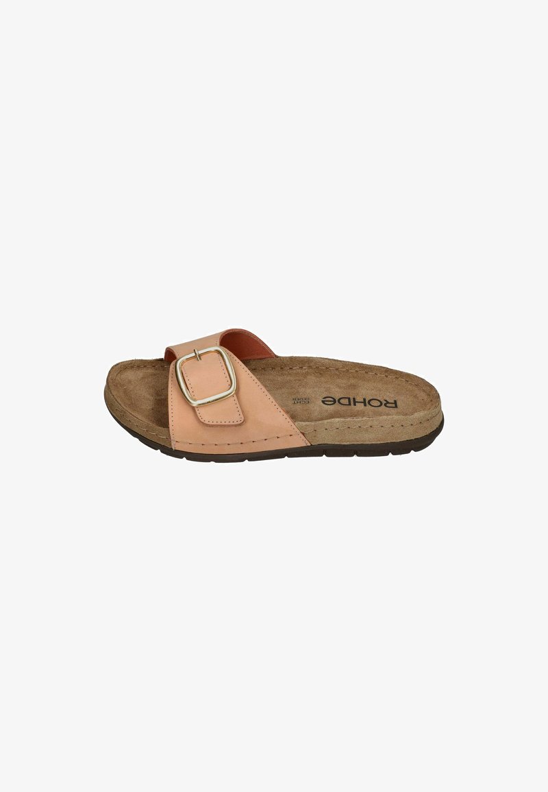 Slide sandal with a light pink leather strap featuring a rectangular metal buckle, brown textured footbed, and dark rubber sole.