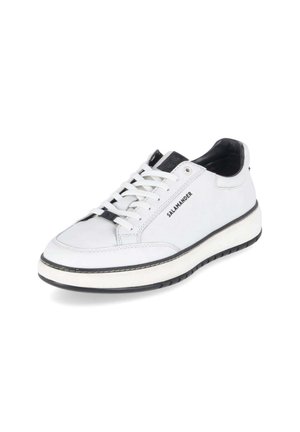 Biały niski sneaker z czarną podeszwą i kołnierzem na pięcie, białymi sznurowadłami oraz logo "SALAMANDER" z boku.