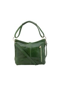 Borsa a mano in pelle verde con finitura lucida. Presenta doppi manici, una tracolla removibile e una tasca frontale con zip e accenti dorati.