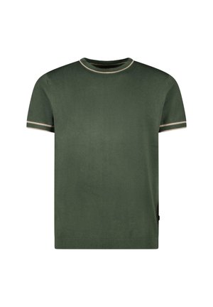 Korte mouwen groene t-shirt van zacht materiaal, met een ronde halslijn met beige bies en bijpassende accenten op de mouwen.