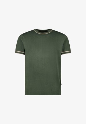 Korte mouwen groene t-shirt van zacht materiaal, met een ronde halslijn met beige bies en bijpassende accenten op de mouwen.