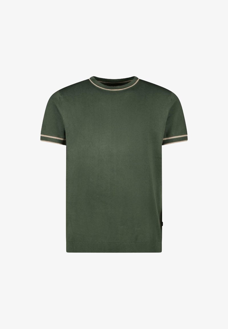 Korte mouwen groene t-shirt van zacht materiaal, met een ronde halslijn met beige bies en bijpassende accenten op de mouwen.