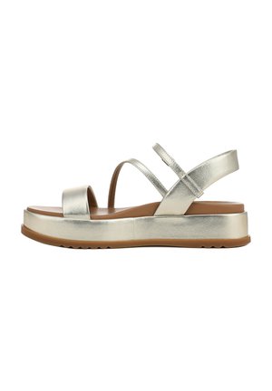 Silver metallic sandals with two wide straps, a back strap, and a thick beige sole featuring a textured grip pattern.