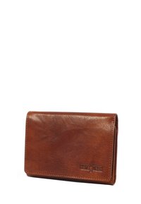 Brown leather wallet with a textured surface, featuring stitched edges and a subtle embossed logo on the front. Folded design.