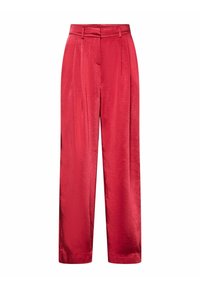 Pantalons larges rouges en satin lisse. Caractéristiques : taille haute, plis à l'avant et poches latérales.