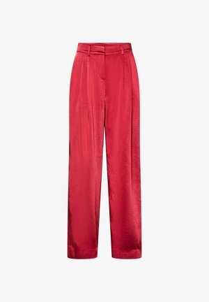 Røde, vide bukser i glat satin stof. Funksjonene inkluderer høy midje, folder foran og sidelommer.
