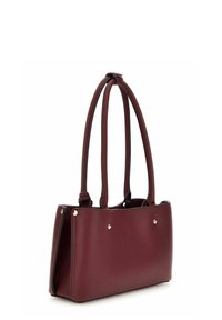 Bordeaux lederen handtas met twee handvaten, rechthoekige vorm, textuur oppervlak en kleine gouden accenten aan de voorkant.