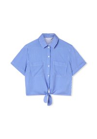 Camicia corta a righe blu e bianche con colletto, maniche corte, due tasche frontali e orlo annodato.