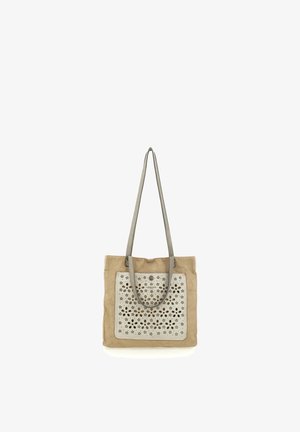 Borsa a mano beige con manici lunghi grigi e motivo floreale traforato decorativo sulla tasca anteriore.