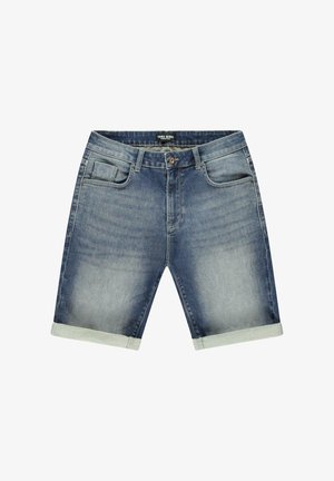 Denim shorts in verweerd blauw, met vijf zakken, opgerolde boorden, knoopsluiting en gestikte accenten voor duurzaamheid.