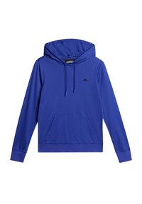 Royalblå hoodie i mjukt tyg, med en framficka, svart logotyp på bröstet och justerbar dragsko i huven.