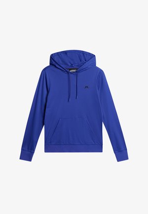 Royal bluse hoodie lavet af blødt stof, med en frontlomme, sort logo på brystet og justerbar snoretræk i hætten.