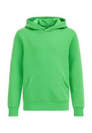 Sweat à capuche vert vif avec poche kangourou avant et poignets et ourlet côtelés, présenté sur un fond blanc.
