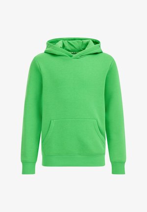 Lysegrøn pullover-hoodie med front kangurulomme og ribbede manchetter og kant, vist på hvid baggrund.