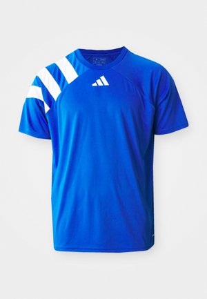 Blue athletic shirt made of lightweight fabric, featuring white diagonal stripes on the left shoulder and an embossed logo on the chest.