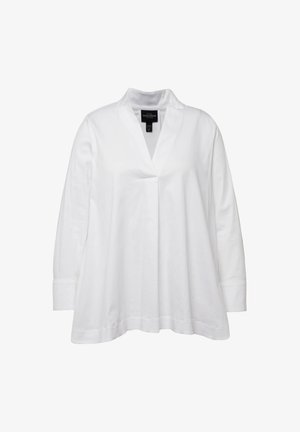 Weiße Langarmbluse mit Rundkragen, ausgestattet mit einer mittigen Faltenlegung und einer lockeren Passform. Glattes Material mit minimalen Nähten.