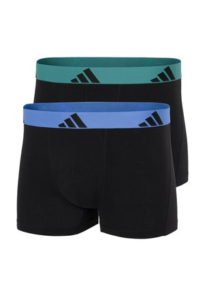 Dos pares de calzoncillos bóxer negros con cintura elástica, uno turquesa y otro azul, ambos con el logo negro de Adidas.