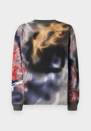 Langärmeliges Sweatshirt mit Rundhalsausschnitt und abstraktem Graffiti-Design in Schwarz-, Beige-, Blau- und Rottönen, mit kleinem rotem Diesel-Logo.