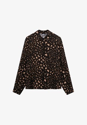 Camisa negra de manga larga con un patrón de estampado de leopardo en tonos beige y marrón, con un cuello clásico y cierre de botones en la parte delantera.