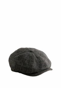 Grå rutigt nyhetskaps som är tillverkat av texturerad ull, med en rundad krona och en liten skärm, med knappdetalj på toppen.