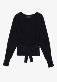 Schwarzer Wickelpullover aus strukturiertem Stoff. Mit langen Ärmeln, einem Taillenband und gerippten Bündchen. Schlichtes Design ohne Muster.