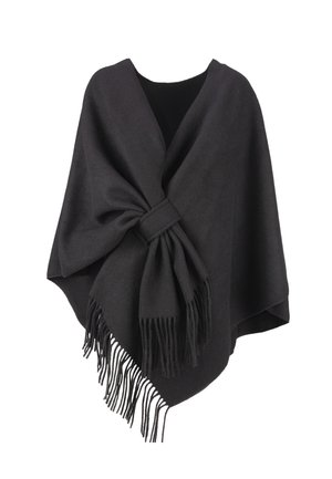 Poncho noir en tissu doux, avec un détail noué à l'avant et des bords à franges en bas. Drape élégant et design simple.