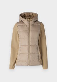 Především béžová zateplená bunda s kapucí, zipovým zapínáním a dvěma bočními kapsami. Měkký materiál s hladkým povrchem a zlatými detaily.