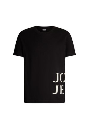 T-shirt en coton noir avec col rond, présentant un grand texte blanc imprimé sur le bas. Manches courtes et coupe décontractée.