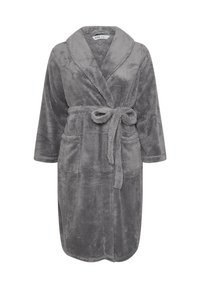 Grå, plyschbadrock gjord av mjuk fleece. Har en sjalkrage, långa ärmar, två framfickor och ett matchande bälte.