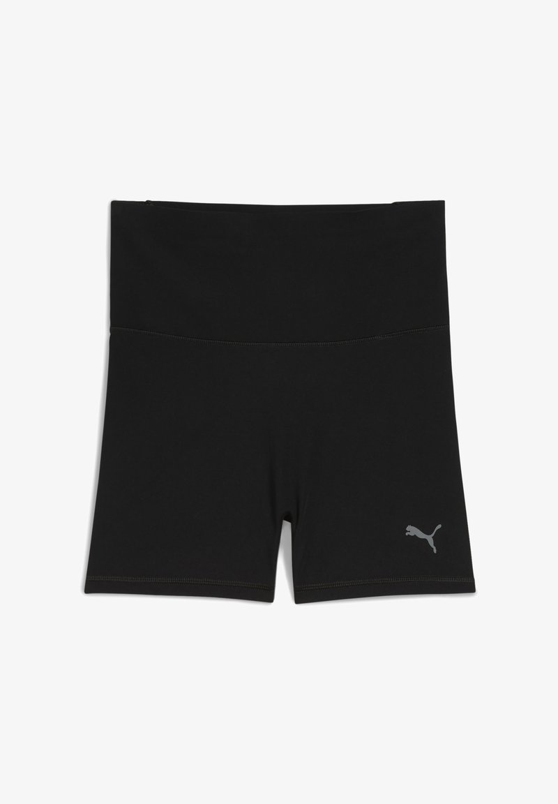 Mustmust mustrid, millel laiendatud vööd, valmistatud elastsetest kangast. Alumisel vasakul küljel on hall Puma logo. Sile tekstuur.