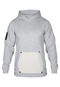 Sudadera gris con un bolsillo tipo canguro en la parte frontal en un gris claro. Presenta una capucha con cordones y puños acanalados. Tela texturizada con detalles en negro.